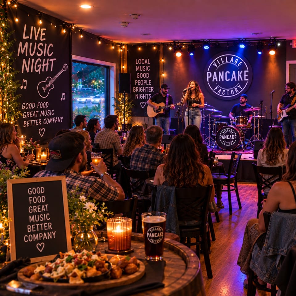 Crowded Village Pancake Factory dining room with a live band performing under colorful lights and candles glowing on tables.