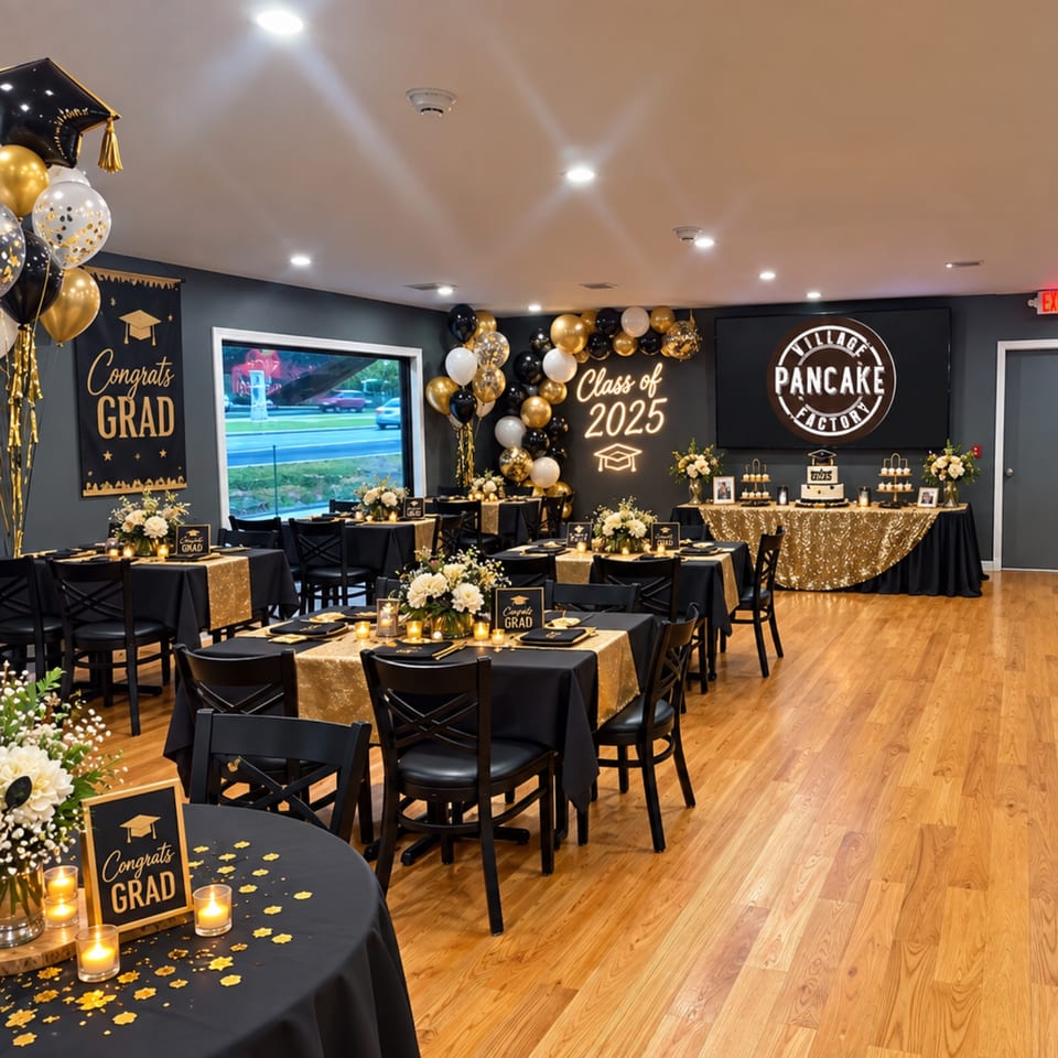 Village Pancake Factory dining room decorated for a Class of 2025 graduation celebration with black-and-gold tables, balloons, and dessert displays.