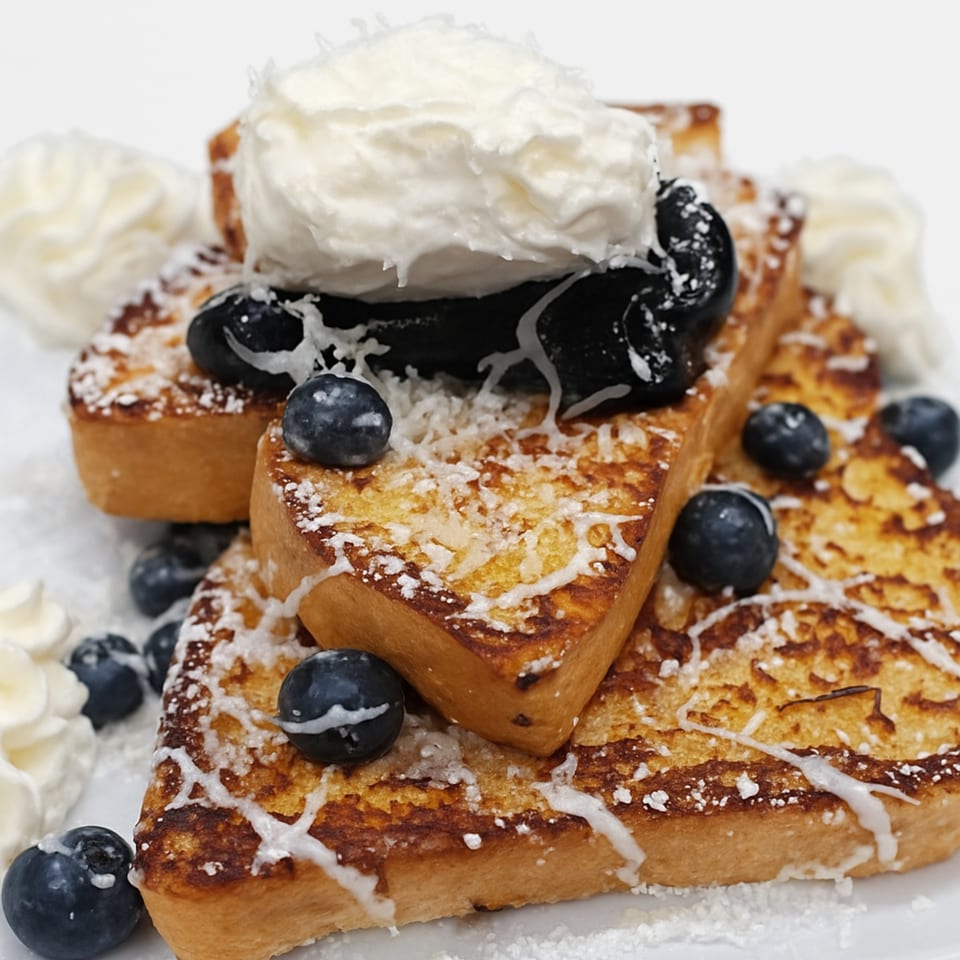 Golden French toast sticks topped with blueberries, whipped cream, and powdered sugar.