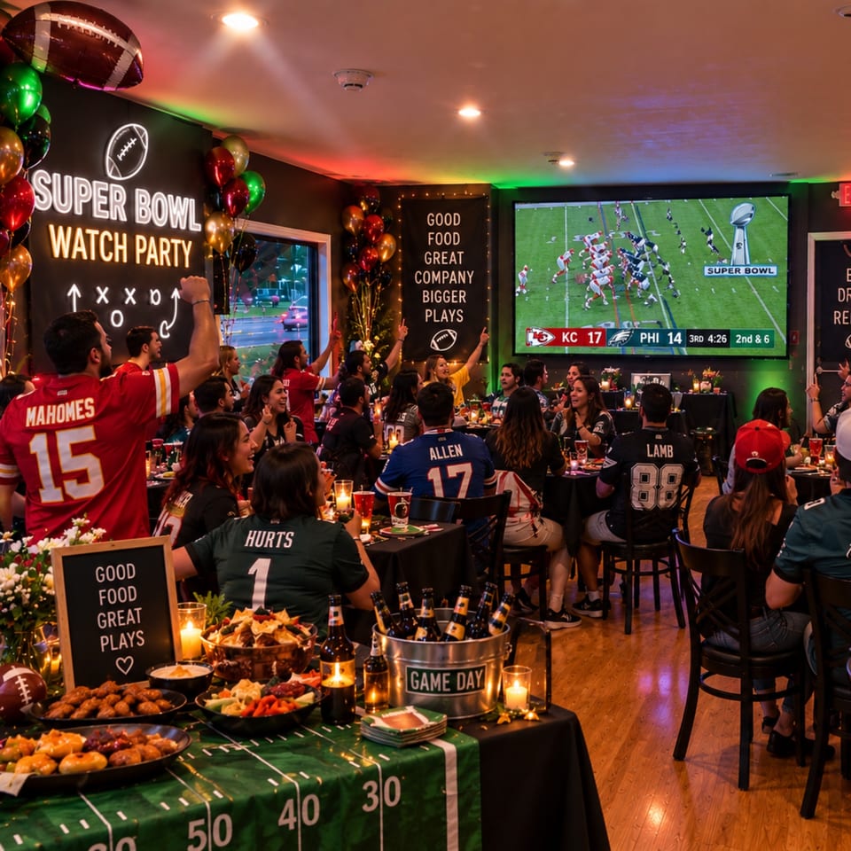 Crowded restaurant hosts a Super Bowl watch party with cheering fans, football-themed decorations, food platters, drinks, and game broadcasts.