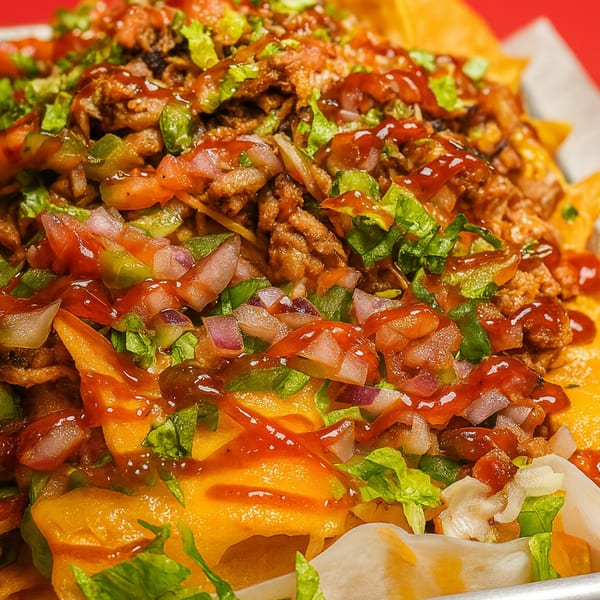 Close-up of loaded nachos with pulled pork, cheese, lettuce, diced tomatoes, onions, and BBQ sauce.