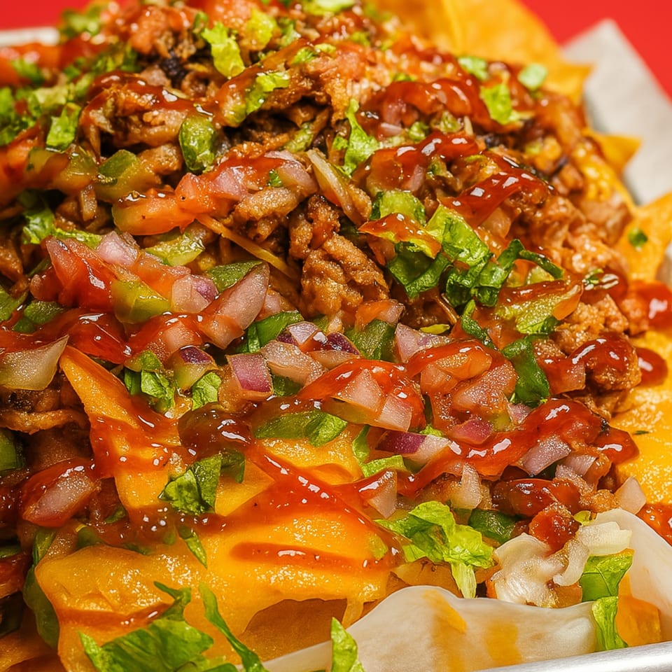 Close-up of loaded nachos with pulled pork, cheese, lettuce, diced tomatoes, onions, and BBQ sauce.