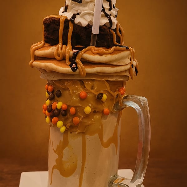 A Village Diner milkshake topped with pancakes, brownie, whipped cream, and peanut butter candy.