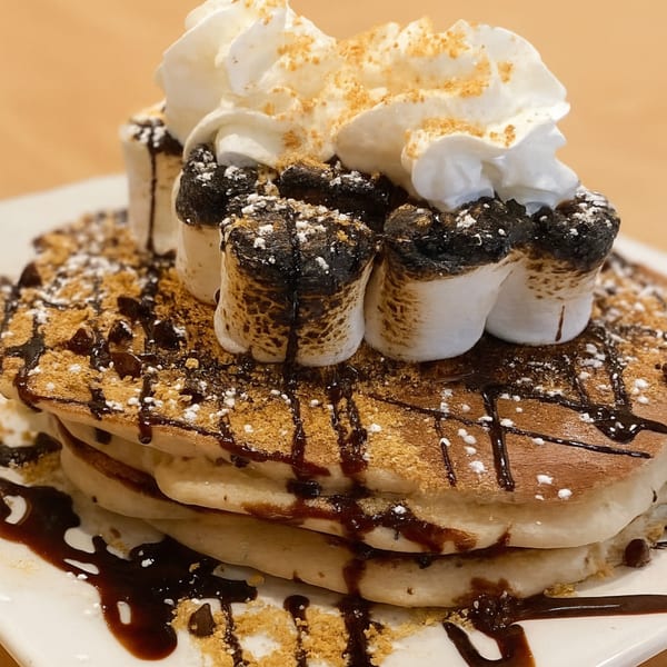 S'mores pancakes from The Village Diner, topped with toasted marshmallows, chocolate, whipped cream, and graham cracker crumbs.