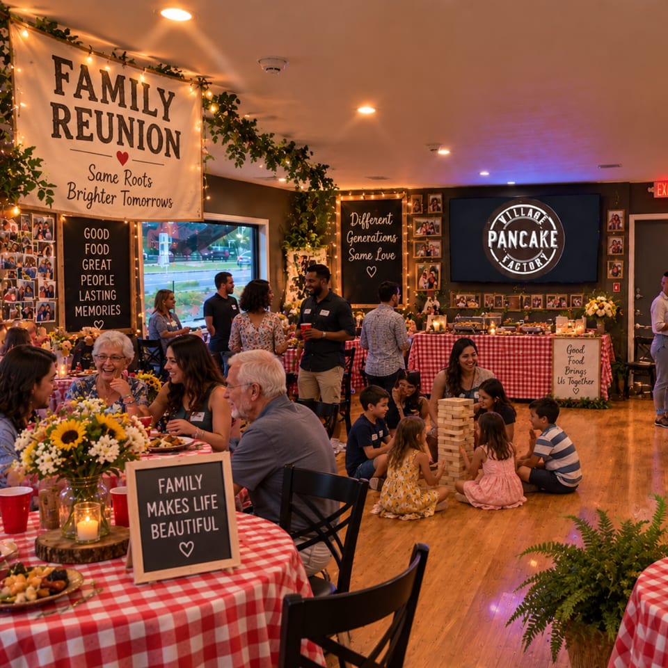 Families gather over food at Village Pancake Factory, enjoying a warmly decorated reunion with games, flowers, and festive checkered tables.
