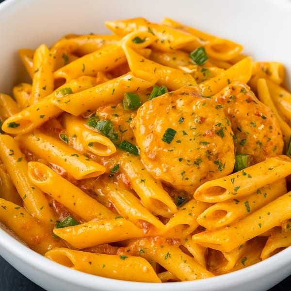 Penne pasta with meatballs in a creamy orange sauce, garnished with green herbs, in a white bowl.
