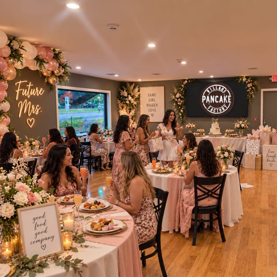 Women celebrate a bridal shower inside Village Pancake Factory, surrounded by floral decorations, balloon garlands, desserts, and tables of food.