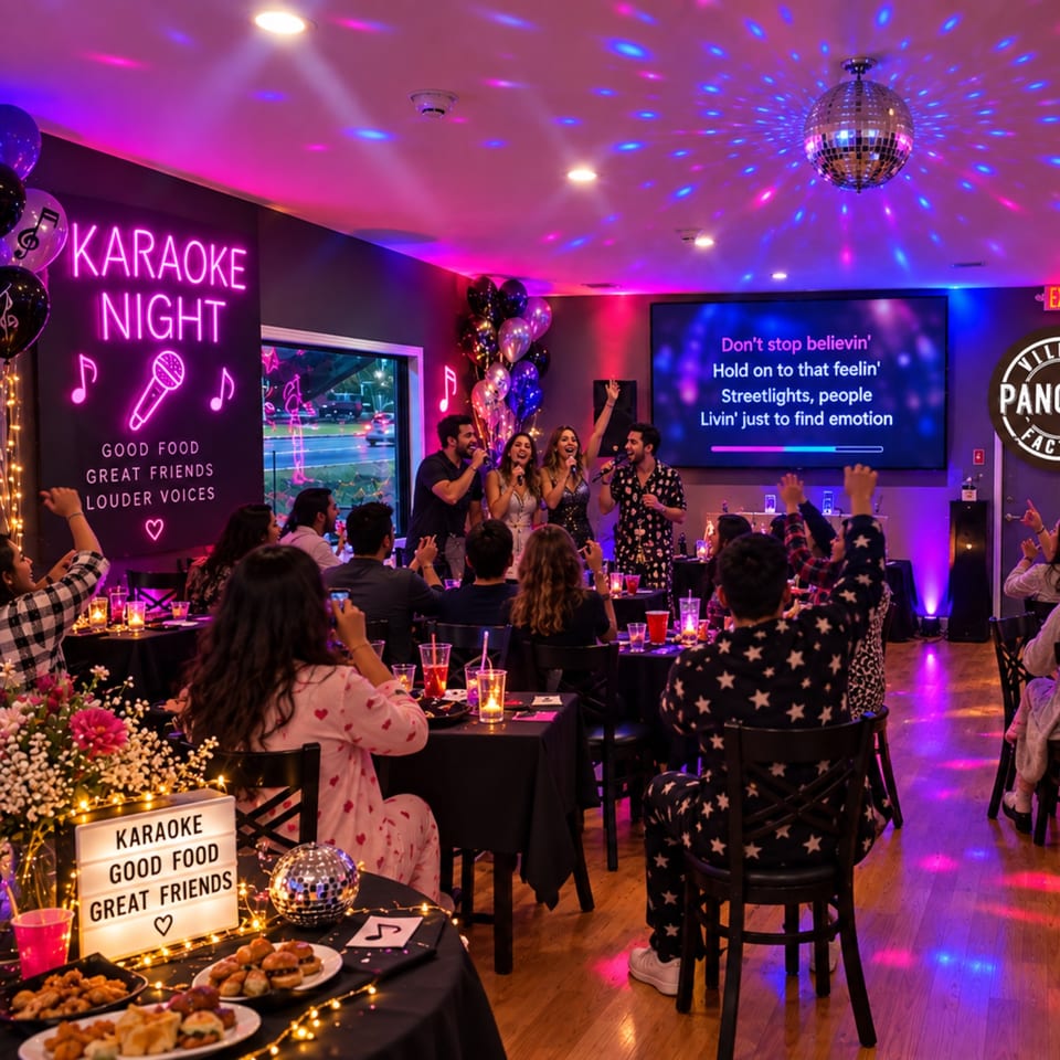 Lively karaoke restaurant with singers performing, cheering diners, colorful disco lights, balloons, food, and lyrics displayed on screen.