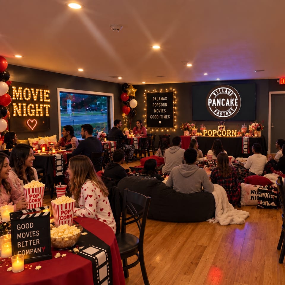 Village Pancake Factory hosts a cozy movie night with guests in pajamas, popcorn, balloons, and cinema-themed decorations.