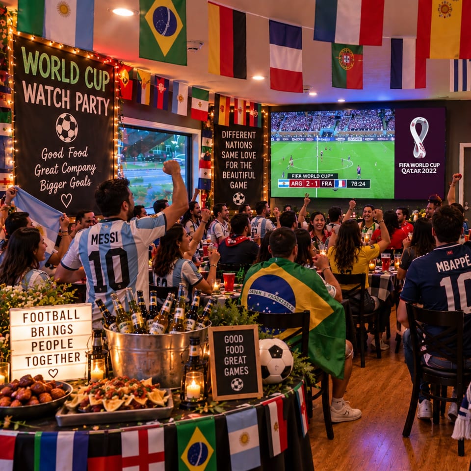 Crowded restaurant hosts a lively FIFA World Cup watch party with international flags, cheering fans, food, beer, and a soccer match on screen.
