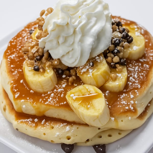 Stack of pancakes with bananas, caramel, whipped cream, walnuts, and chocolate chips.