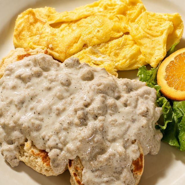 Our Famous Homemade Biscuits & Gravy with Two Eggs.
